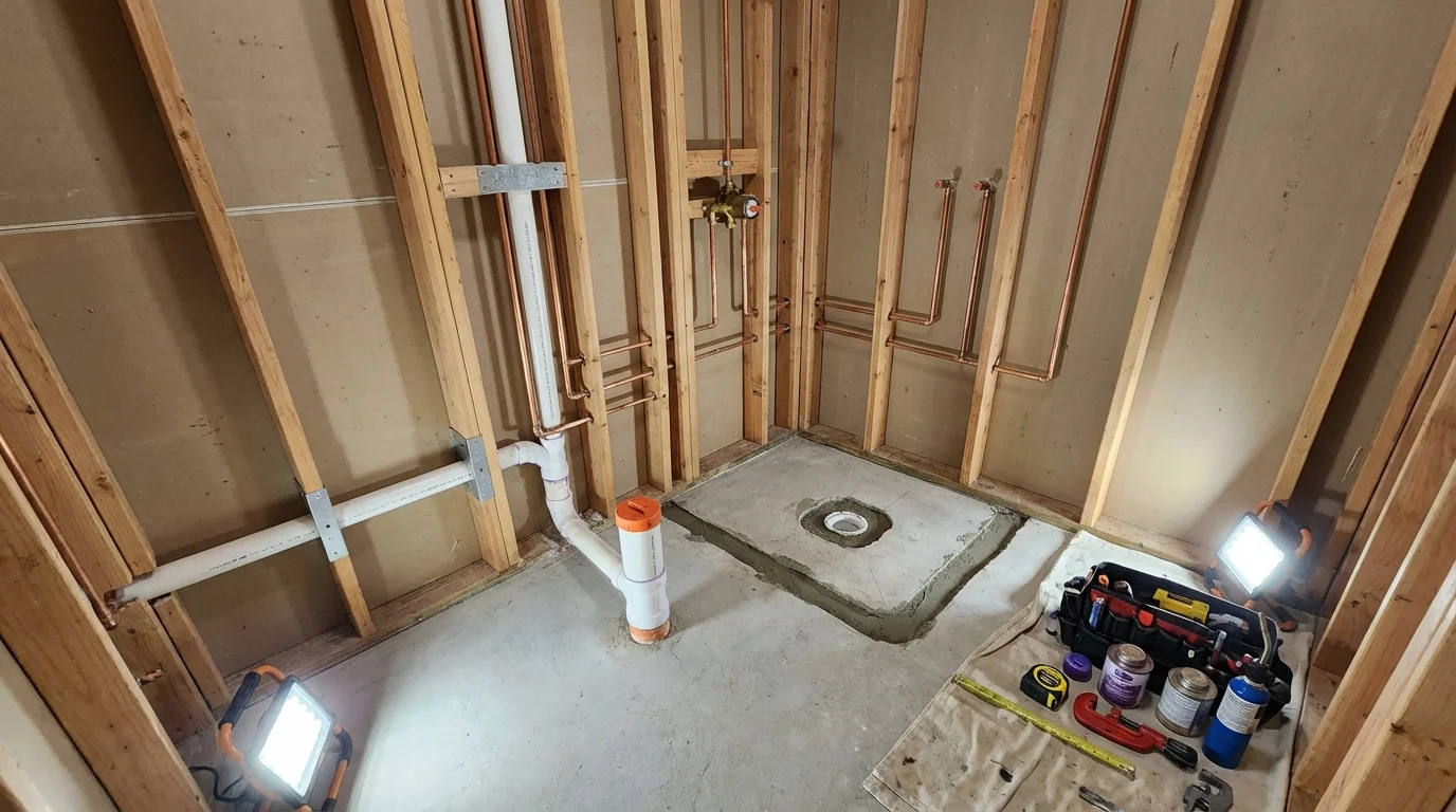 Bathroom rough-in plumbing during remodel by Johns Plumbing LLC in Mantua