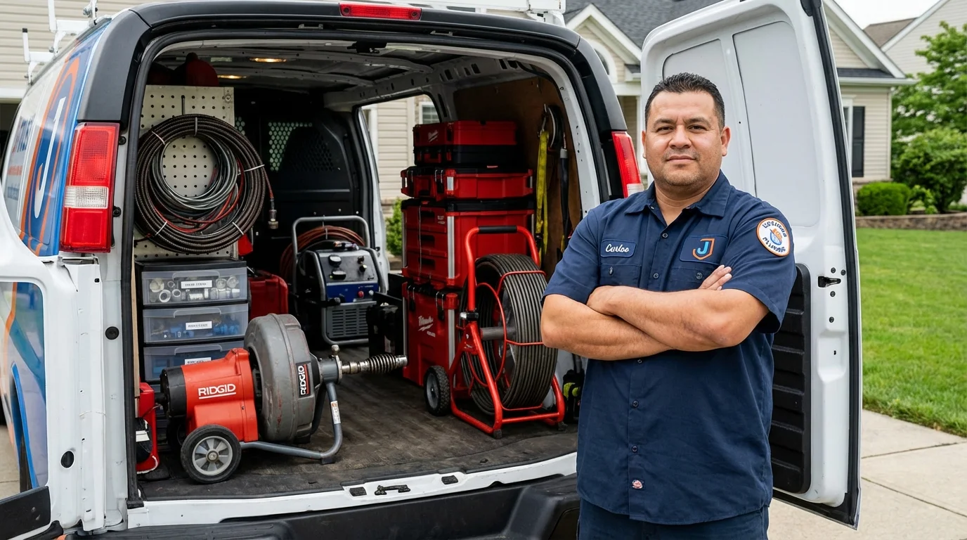 Professional drain cleaning equipment and Johns Plumbing LLC plumber in Mantua