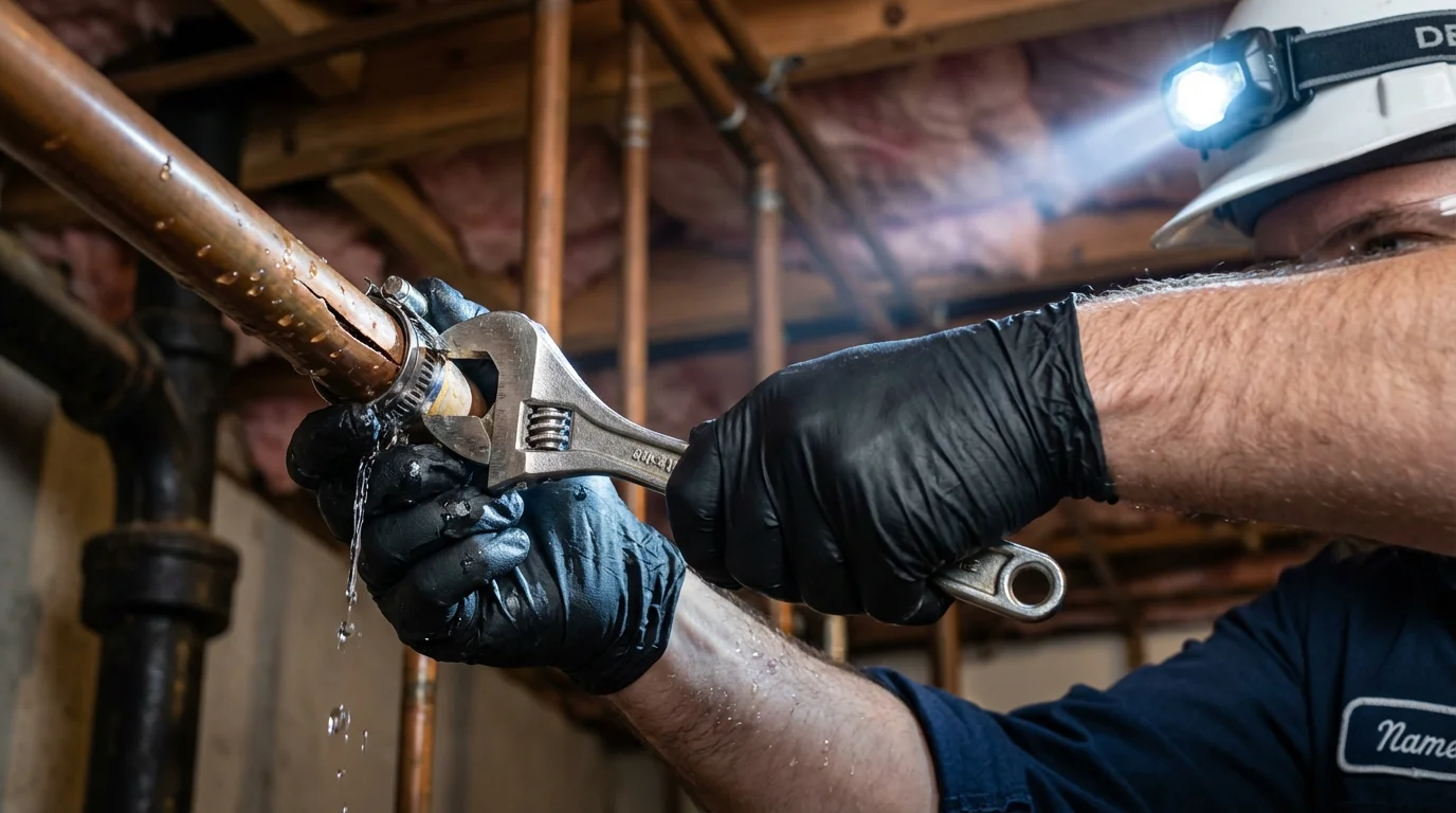 Emergency pipe clamp repair being performed by a Johns Plumbing LLC plumber in Mantua