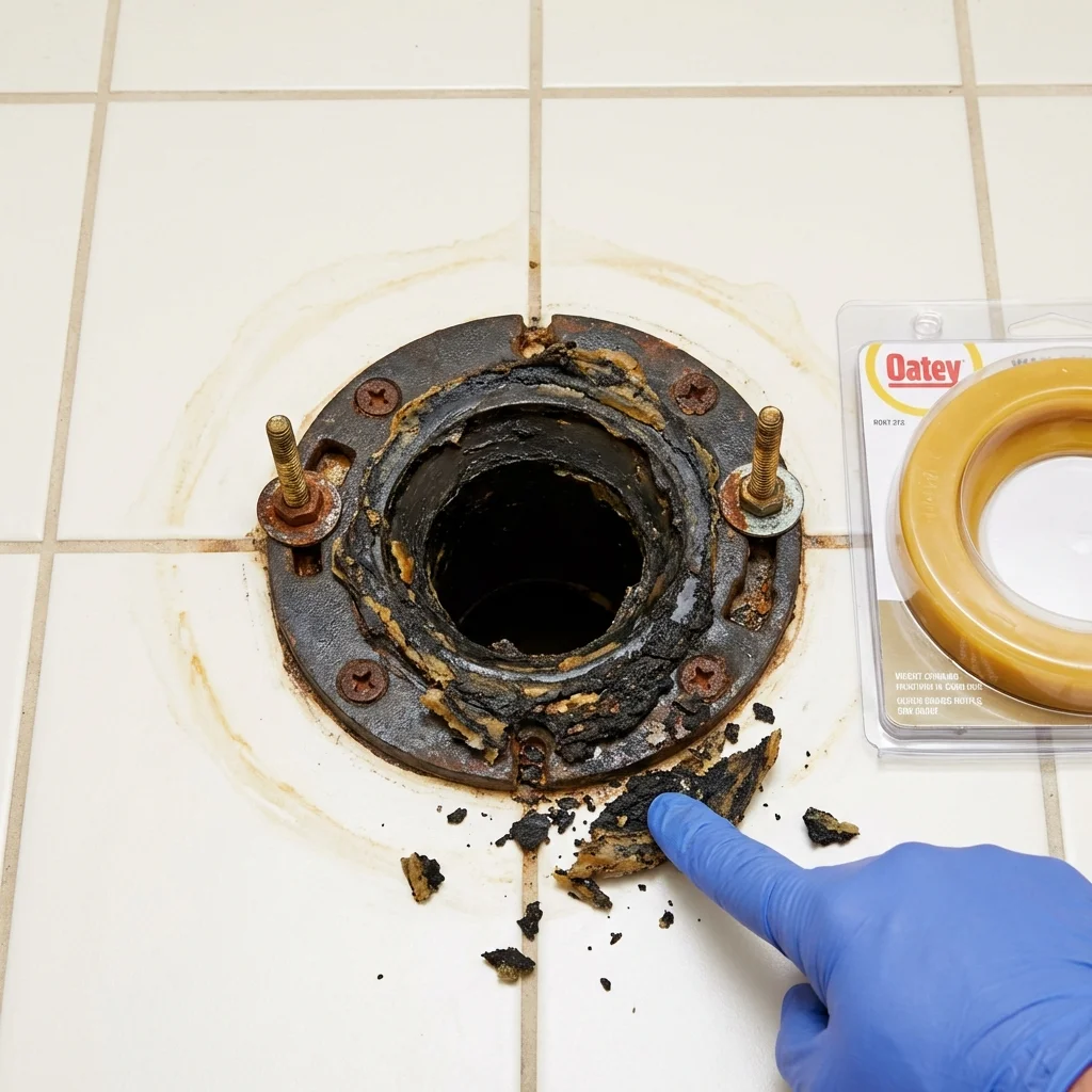 Failed wax ring showing water seepage at the base of a toilet in a Mantua, OH home