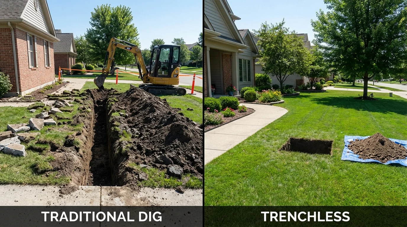 Trenchless sewer repair with minimal yard damage versus traditional excavation in Mantua, OH