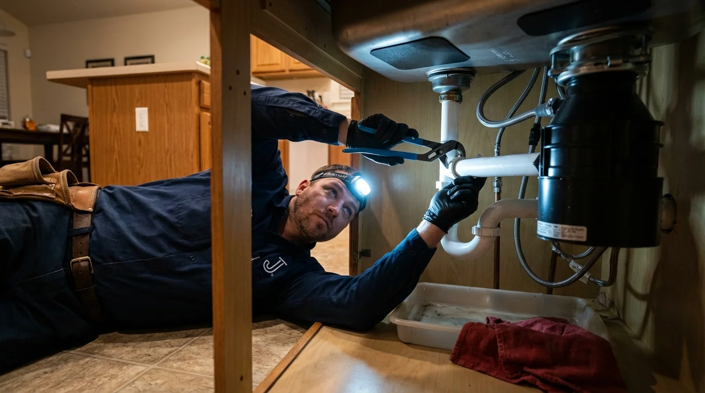 P-trap and supply line connections under a kitchen sink showing a common leak point in Mantua, OH